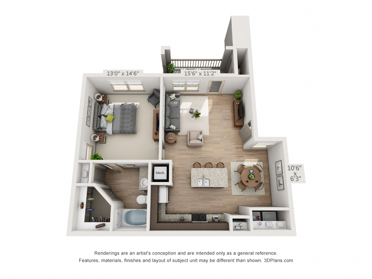 Floor plan for 1 bed, 1 bath, 785 sqft